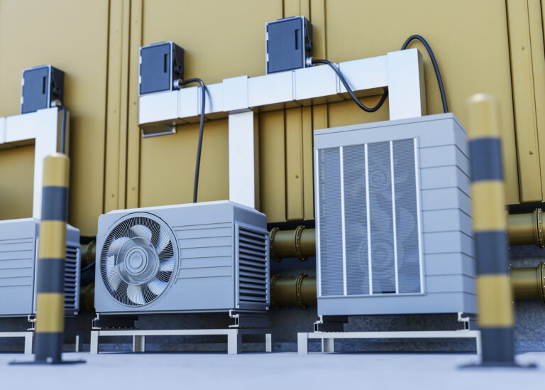 close up heat pump outside home